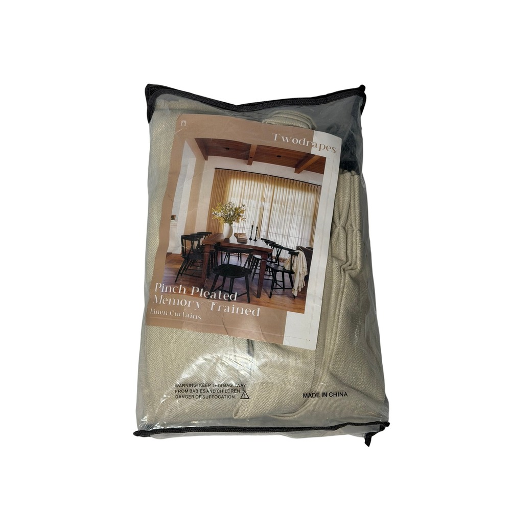 Twodrapes Pinch Pleated Memory Trained Linen Curtains Beige Oatmeal with Hooks